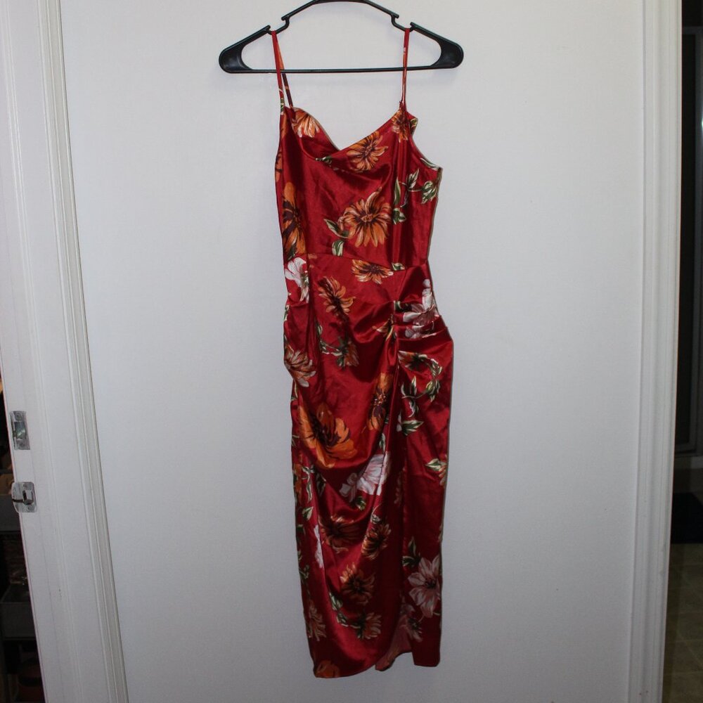 Soly Hux Floral Print Ruched Split Hem Satin Cami Dress